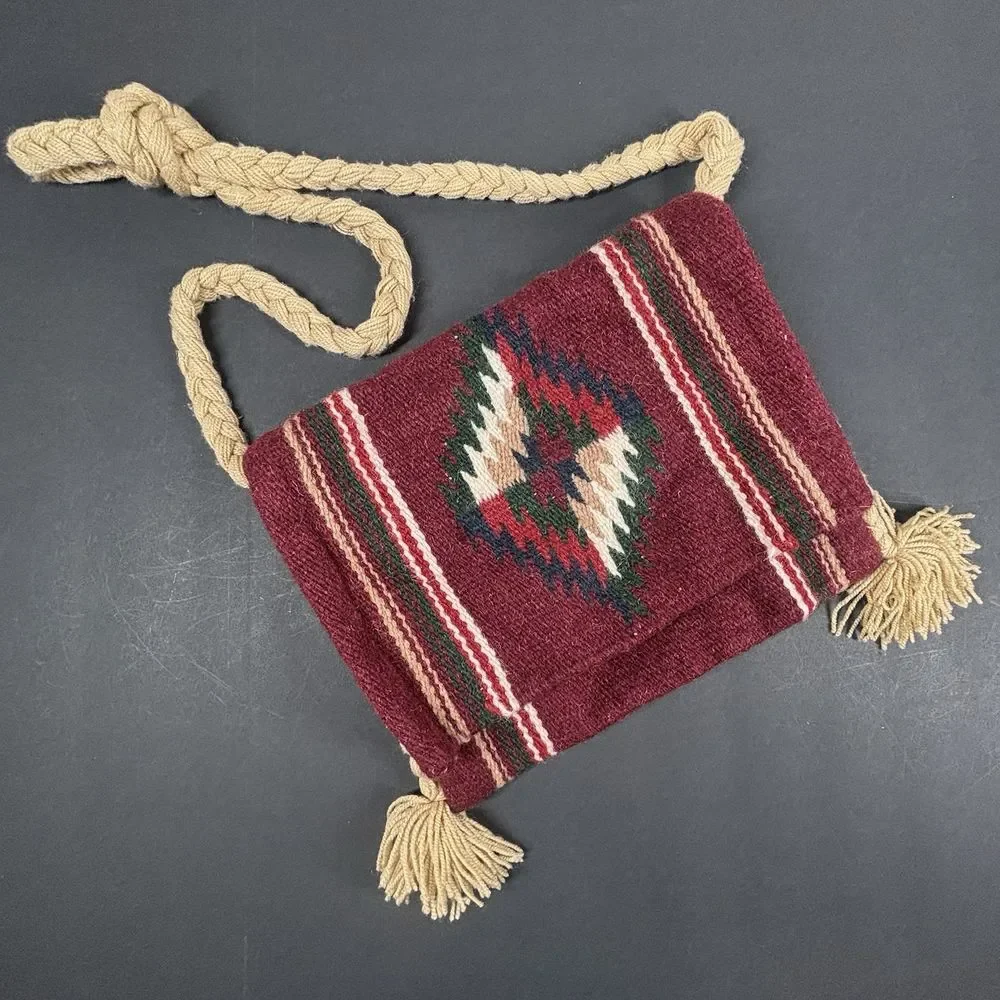 Aztec Wool Blanket Tapestry Crossbody Messenger Bag Purse Boho Festival Rope EUC